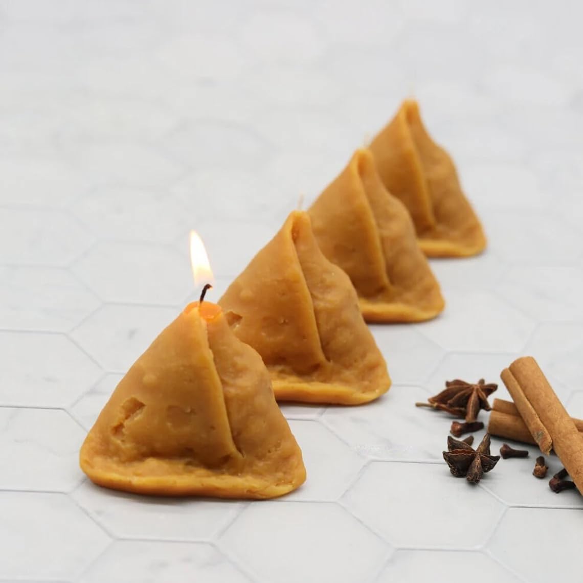 AAMU Moon Mini Samosa Candle, Designer Wax Unique Singhara Candles for Diwali Decoration, Housewarming, Gifts & Special Parties - Pack of 4 Piece-image-2