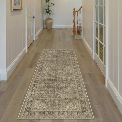 2x6 Washable Brown Vintage Runner Rug for Kitchen Hallway Non-Slip Low Pile Soft Thin Carpet Traditional Retro Distressed Accent Throw Rug for Entryway Bathroom Indoor Bedroom
