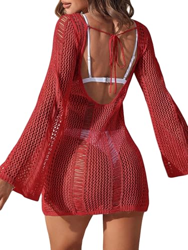 Image of Floerns Women's Crochet Cover Up Long Sleeve Hollow Out Bikini Swimsuit Beach Cover Up Swimwear