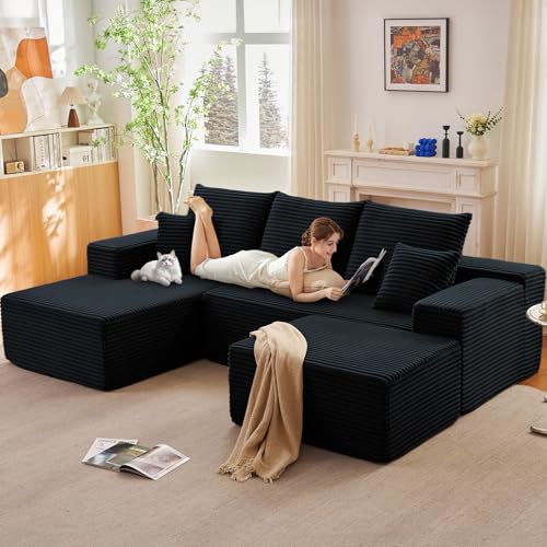 Image of 107 inch Modular Sectional Sofa with Ottoman, Modern Corduroy Cloud Couch with Deep Seat, Boneless Couch Upholstered 3-Seater U-Shaped Sofa for Living Room, No Assembly (Black, Left-Facing Chaise)