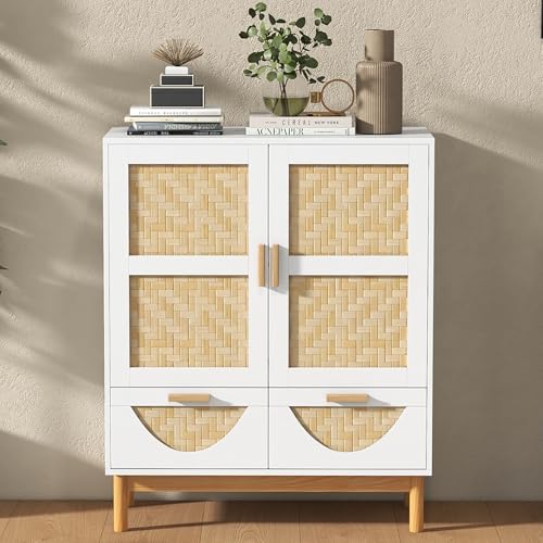 GIANTEX Buffet avec Tiroirs et Portes Double en Bambou, 2 Tiroirs, Étagère Intérieure Réglable à 3 Positions, Design Cannage, Armoire de Rangement, pour...