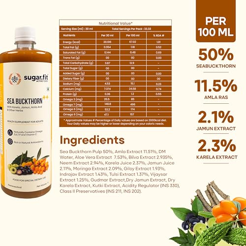 Image of Sugar.fit Himalayan Sea Buckthorn Juice 1000ml | Cold Pressed Seabuckthorn Berry Pulp with 14 Herbs - Amla, Karela, Jamun | Natural Vitamin C, Omega 3 6 7 9 | Immunity, Skin Glow & Gut Health
