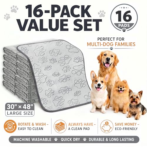 Image of Qeils Reusable Puppy Pads, 16 Pack Washable Pee Pads for Dogs, Non Slip Wee Wee pad, Absorbent and Leakproof Training Mats for Potty, Crate, Playpen, Bed, Sofa, 48 inchx 30 inch