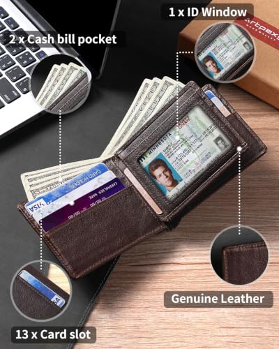 Image of Artpaxy Mens Wallet Bifold Genuine Leather RFID Blocking Wallet for Men with 1 ID Window 13 Card Holders 2 cash pockets 1 Gift Box