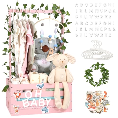 Large Baby Shower Gifts Basket Wooden Crate, Personalized Wooden Letters Hangers New Born Baby Girl Boy Pregnancy Gifts for New Mom Parents Vine Decorations Cute Closet with Adjustable Handle Pink