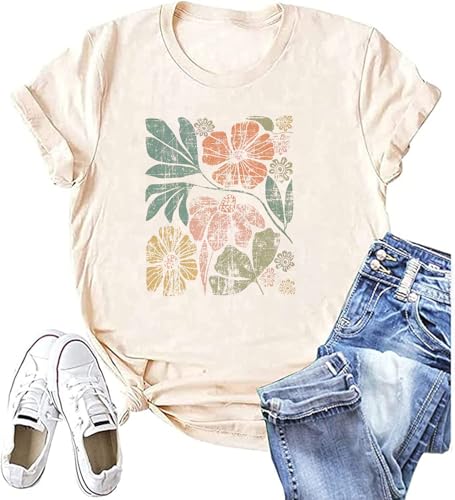 Floral Graphic Shirt Women Boho Wildflowers Tee Vintage Flower Tshirt Round Neck Loose Casual Short Sleeve Tops