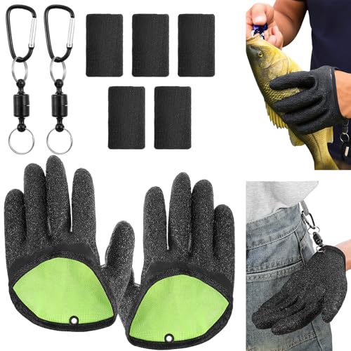 Qianyu 2Pcs Fishing Gloves with Magnet Release Professional Catch Fish Gloves Ice Fish Handling Glove Anti-Slip Textured Grip Palm Glove with Finger Cots for Men Women Catching Cleaning Accessories
