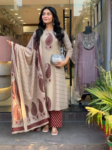Image of GoSriKi Kurta Sets for Women Cotton Blend Printed | Kurti Set for Woman | Kurta Pant Dupatta Set | A Line Kurti | Round Neck V-Slit 3 /4 Sleeve Suit Set for Women Stylish Ethnic Outfit