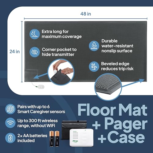 Image of Smart Caregiver Floor Mat Alarm and Pager System - Includes Wireless Pager that Alerts When Someone Steps on the Durable 24in x 48in Floor Mat Sensor