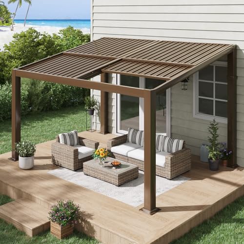 UPHYB Pergola 10x13 with Adjustable Roofs, All Aluminum Frame Permanent Pergola for Patio, Outdoor Freestanding Shelter, Dark Brown