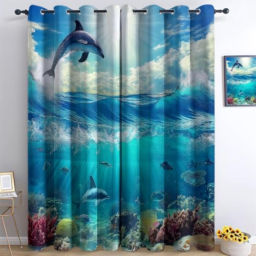 XCQHZYQ Lot de 2 Rideaux Occultants Thermiques Paysage Marin Dauphins Bleu, Rideau à Œillets, Isolation Froid et Chaleur, L140 x H175 cm