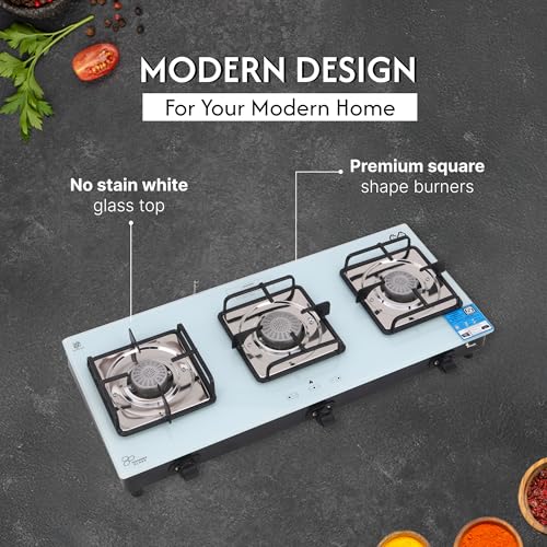 Image of Thermador Gas Stove 3 Burners with Battery Less Auto Ignition | Gas Saver Tornado Burner 3 Burner Gas Stove | Premium White Glass | ISI Certified | 1 Yr Manufacturer Warranty