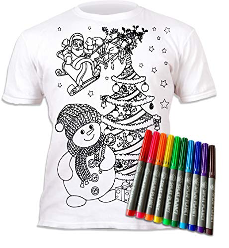 Splat Planet Color-in Snowman Christmas, T-Shirt with 10 Non-Toxic Washable Magic Coloring Pens - Color-in & Wash Out T-Shirt