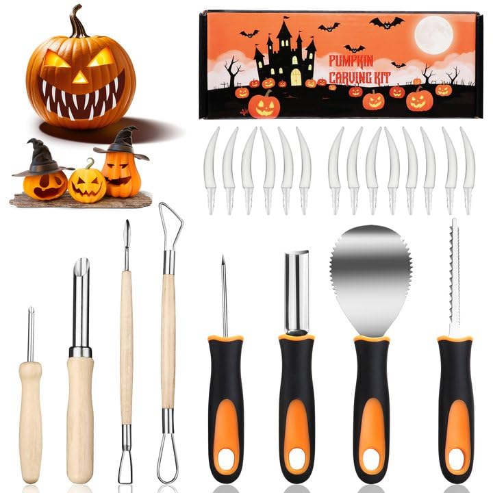Halloween Pumpkin Carving Kit Tools, 23PCS Premium Professional Heavy Duty Set with Plastic Teeth,...