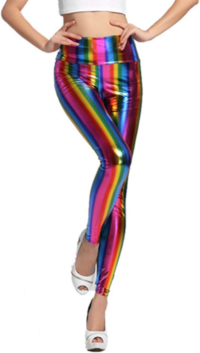 Ladies 80s Retro Metallic Shiny Wet Look Leggings Adult Disco Fancy Dress Costume Womens Outfit Pants