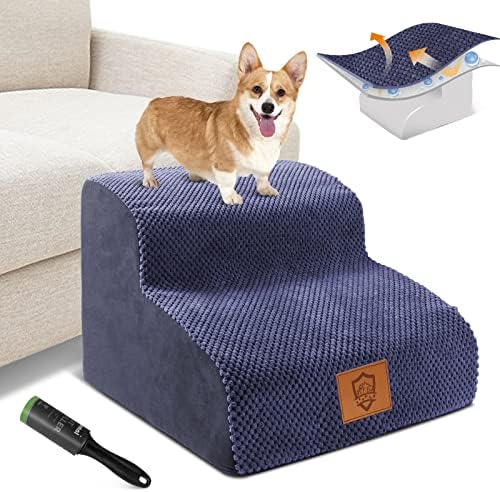 Kphico Dog Stairs,High Density Foam Pet Stairs 2 Tiers,11.8" High Non-Slip Pet Ramps/Ladder with Removable Cover,Best for Dogs Injured,Pets with Joint Pain-Send 1pcs pet Hair Remover Roller(Blue)