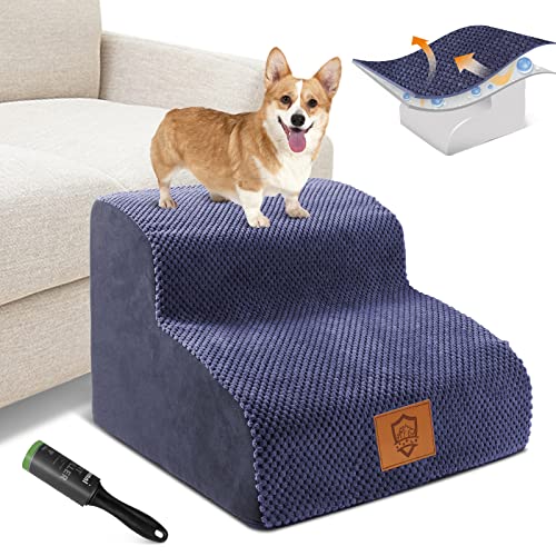 Kphico Dog Stairs,High Density Foam Pet Stairs 2 Tiers,11.8" High Non-Slip Pet Ramps/Ladder With Removable Cover,Best For Dogs Injured,Pets With Joint Pain-Send 1Pcs Pet Hair Remover Roller(Blue) #TOP3