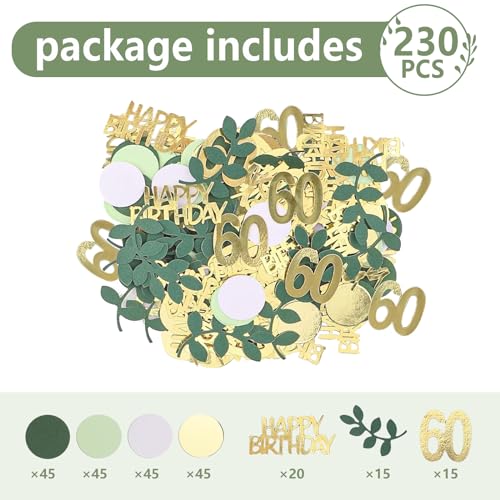 Image of Sage Green 60th Happy Birthday Confetti, 60th Birthday Table Decorations Scatter Green Gold Foil Cake Confetti Decorations for 60 Bday Woman Men Party Decor 230 Pcs