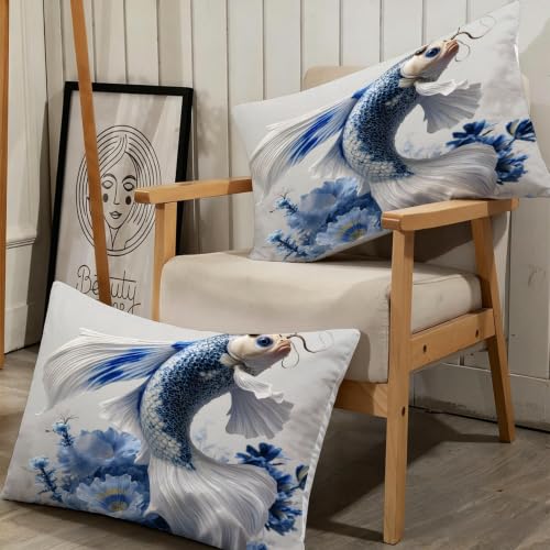 Housse de Couette 140x200 Carpe Koï Bleue en Microfibre avec 2 Taies