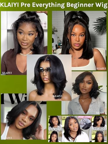 Image of KLAIYI Bye Bye Slip Layer Cut Yaki Straight Bye Bye Knots Bob Wig Human Hair Glueless Drawstring Precut 7x5 Lace Front Wigs Pre Plucked Bleached Ready to Wear and Go Beginners Wig 180% Density 12Inch