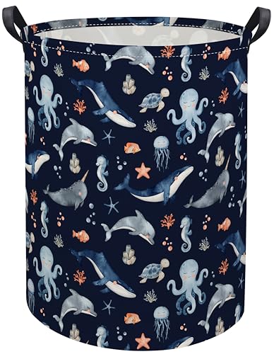 Image of HIYAGON Ocean Baby Laundry Basket Baby Hamper for Nursery Girl Kids Soccer Hamper Cute Kids Toys Storage Bin Organizer Ocean Room Decor for Home(Blue Ocean)