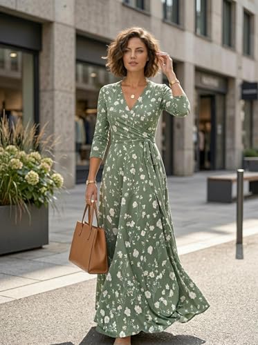 Image of SUZONANA Plus Size Dresses for Women Floral Print Maxi Dress Flowy 3 /4 Sleeve with Belt