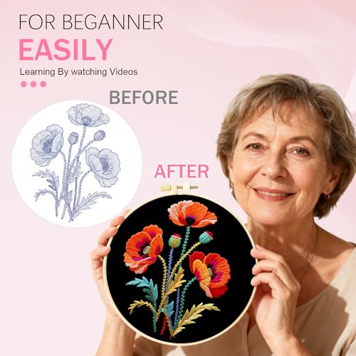 Image of Huacan Embroidery Kit for Beginners, Flower Pre-Stamped Pattern Kits for Adults with Hoop, Easy to Follow Color Thread Needlework