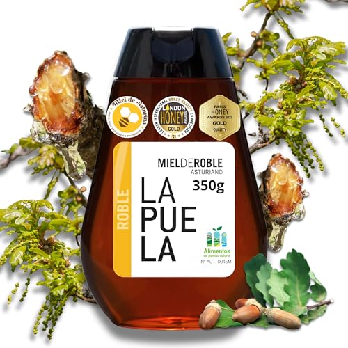 LAPUELA Miel de Roble 100% Natural – Aroma Malteado Intenso y Sabor Dulce – Beneficios Saludables y Pura Tradición - Miel Pura Cruda Más Aroma y Sabor – Producción Artesanal Asturias (350g)