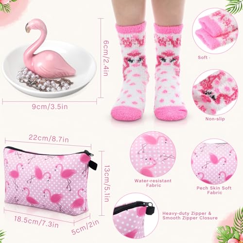 Image of Newtay 3 Pcs Animal Lover Gifts Set for Teacher Women Ring Holder Makeup Bag Fuzzy Socks with Grippers, Cute Gifts for Holiday Birthday(Flamingo)