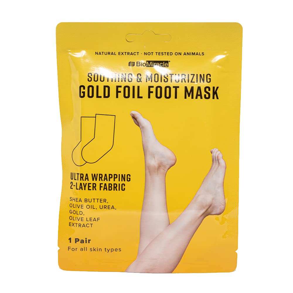 BioMiracleSoothing & Moisturizing Gold Foil Foot Mask, Foot Exfoliator, Foot Peeling Mask, Moisturizing Foot Mask, Shea Butter, Gold, For All Skin Types, (Pack of 2)