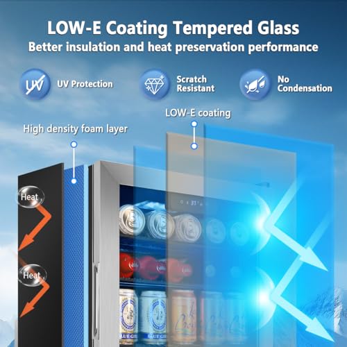 Image of Tylza Beverage Refrigerator Cooler, 130 Cans 3.22 Cu.Ft Small Refrigerator with Low-E Glass Door, Lock, 17-Inch Beer Fridge for Drinks, Beer and Wine, Mini Fridge for Bedroom, Office and Bar, Silver
