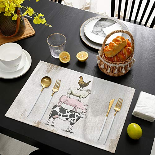 Greeeen Placemats Set Of 6 Farm Funny Animal Theme Milk Cow Pig Sheep Chicken Heat Resistant Place Mat For Dining Table Washable Burlap Cotton Table Mats #TOP3