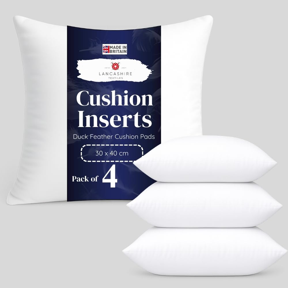 Lancashire Textiles 4 Pack Duck Feather Cushion Pads Generously Filled With Ethically Sourced Feathers Encased In Pure Cotton Cambric Cover - Pack Of 4-20" X 20" (50Cm X 50Cm)