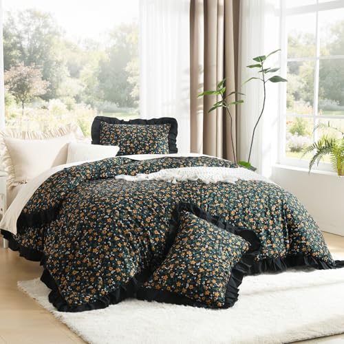 Image of Litanika Floral Ruffle Full Size Comforter Set, 3 Pieces Black Farmhouse Aesthetic Soft Lightweight Fluffy Bedding Comforter Sets for Girls Women, All Season (79x90In Comforter, 2 Pillowcases)