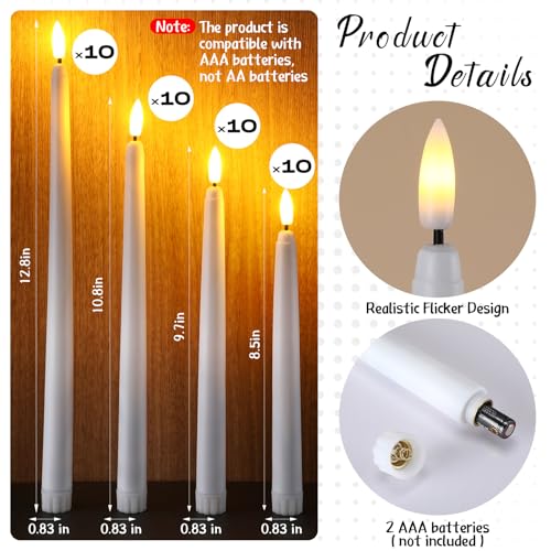 Image of Baquler 40 Pcs Flameless Taper Candles LED Flickering Taper Candlesticks Bulk Battery Operated Flameless Candle for Wedding Halloween Christmas Birthday Decoration, 8.5 /9.7 /10.8 /12.8 Inch (White)