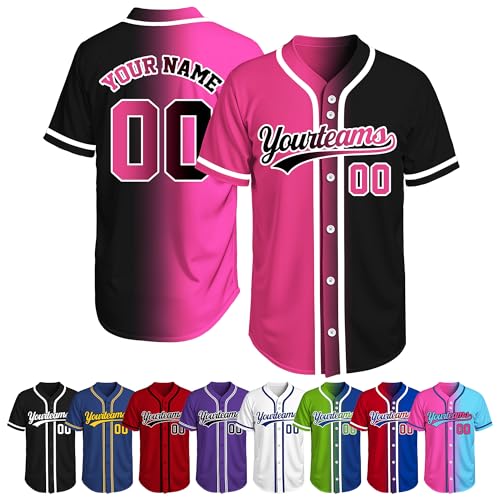 Custom Baseball Jersey Stitched Personalized Baseball Shirts Name Number Logo Team Sports Uniform Button Down Short Sleeve Shirts Fans Gift for Men Women Youth Kids Rose-Black