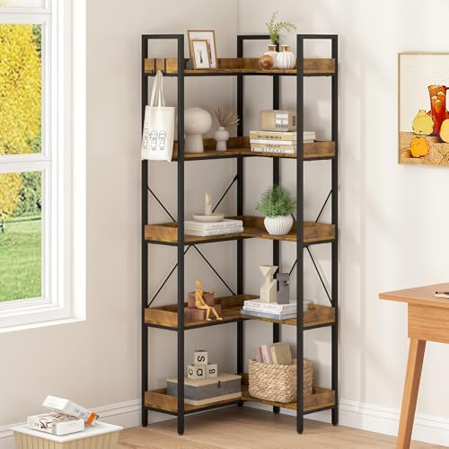 Advwin 5-Tier Corner Bookshelf, Convertible L Shaped Bookcase Freestanding Display Shelf with Baffles, Etagere Shelf Storage Rack for Living Room Office, Walnut