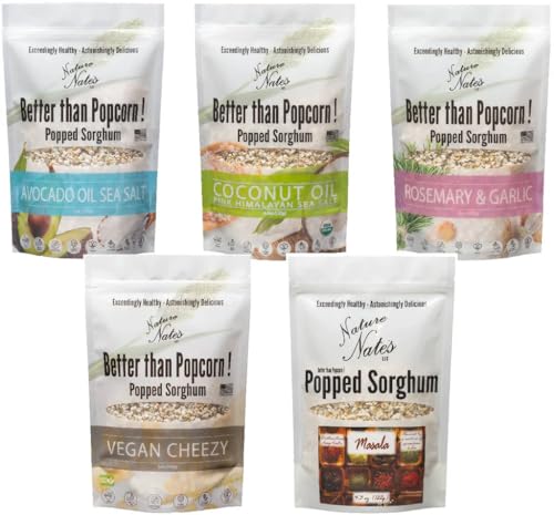 Vegan Variety 5 Pack, Popped Sorghum, Corn Free, Gluten Free, Celiac-Friendly, Dairy Free, Healthy Snacks, Lower Glycemic Index, 4.3-5 oz bags, Avocado Oil & Sea Salt, Coconut Oil & Pink Himalayan Sea Salt, Vegan Cheezy, Rosemary & Garlic, Masala 4.3