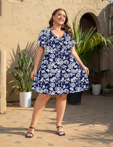 Image of Manllenshie Womens Plus Size Summer Dress Casual Short Sleeves Deep V Neck Twist Knot Front Flowy Dress with Pockets