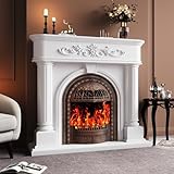 51”Fireplace with Mantel, Solid Wood White TV Stand with Fireplace for Living Room,Brown Birdcage Electric Fire Place Heater with Roman Column Design for Bedroom, Entryway Decor