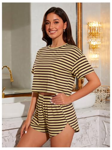 Image of OYOANGLE Womens Pajama Sets 2 Piece Sexy Lounge Sets Summer Cute Pjs Striped Print Tee and Side Split Shorts Set