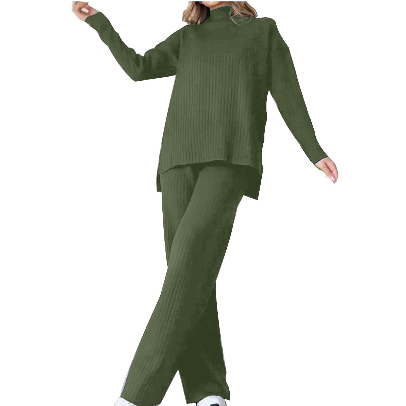 Ensemble Tricot Femme Survêtement 2 pièces en Tricot pour Femme - Col haut - Pantalon large - Costume Tricoté - Tenue Interieur - Ensemble Maille Femme Pull et Pantalon