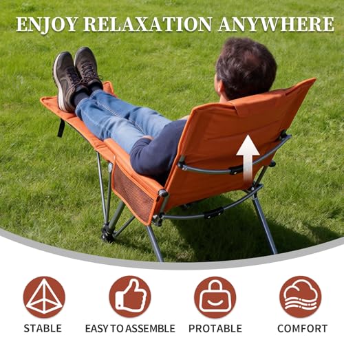 LUBEDCY Folding Reclining Camping Chair with Footrest - 5-Position Adjustable Lounge Chair with Headrest & Cushion for Outdoor Use (Orange) - Image 7