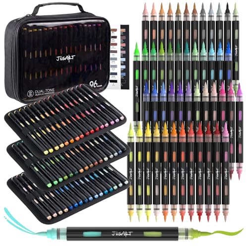 JusArt Acrylic Brush Markers 96 Colors Brush Tip Acrylic Marker Set 48 Dual-Tip Water Based No Bleed Markers with Automatic Ink Control for Wood Rock Fabric Canvas Glass Eggs & DIY Crafts
