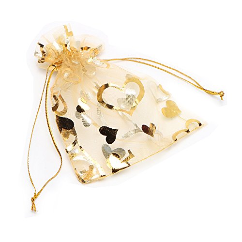 PLECUPE 100 Stück Organzasäckchen Organza Beutel Tunnelzug Hochzeit Säckchen, 17x23cm Mehrfarbig Schmuckbeutel für Geschenke Schmuckaufbewahrung oder zum Verpacken - Gold#2 Cover