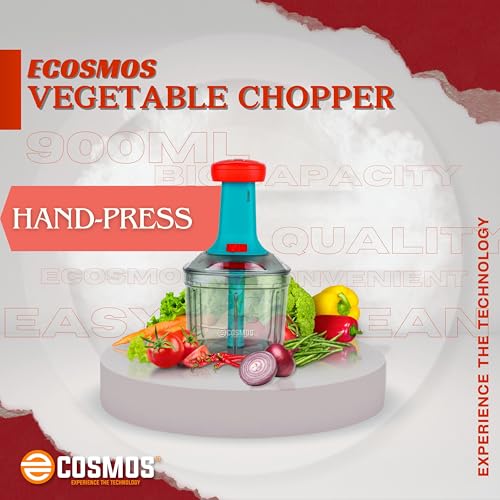 Image of E-COSMOS 2 in 1 Food Chopper Manual Hand Press Push Chopper with 4 Blades for Effortless Chopping Vegetables & Fruits with Mixi Blade for Lassi /Butter Milk (900 ml, Plastic)