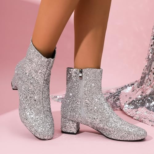 Botas para mujer con lentejuelas y tacón ancho de estilo británico moderno 3