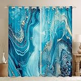Erosebridal Marble Curtains for Living Room, Teal Blue Marble Window Curtain, Teal Gold Liquid Room Curtains for Bedroom Quicksand Turquoise Drapes (2 Panels) 42'x84'