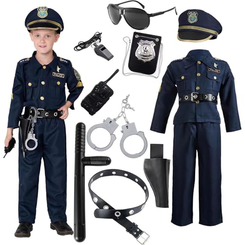 Generisch Disfraz de policía para niños con walkie-talkie, bastón, silbato de policía, juguete para niños, Halloween, carnaval, cosplay de 2 a 10 años