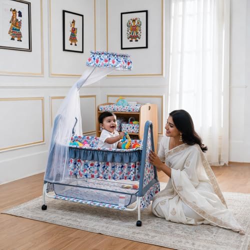 Image of Kiddery Athena Baby Cradle Bassinet | Sleep Safely & Comfortably | Mosquito Net Protection | Lightweight & Compact Design | All-Wheel Lock | Unisex | 0-10 Months | Blue